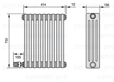 Схема (чертеж) Радиатор Zehnder Charleston 4075/9 №V004 Белый глянцевый RAL 9016